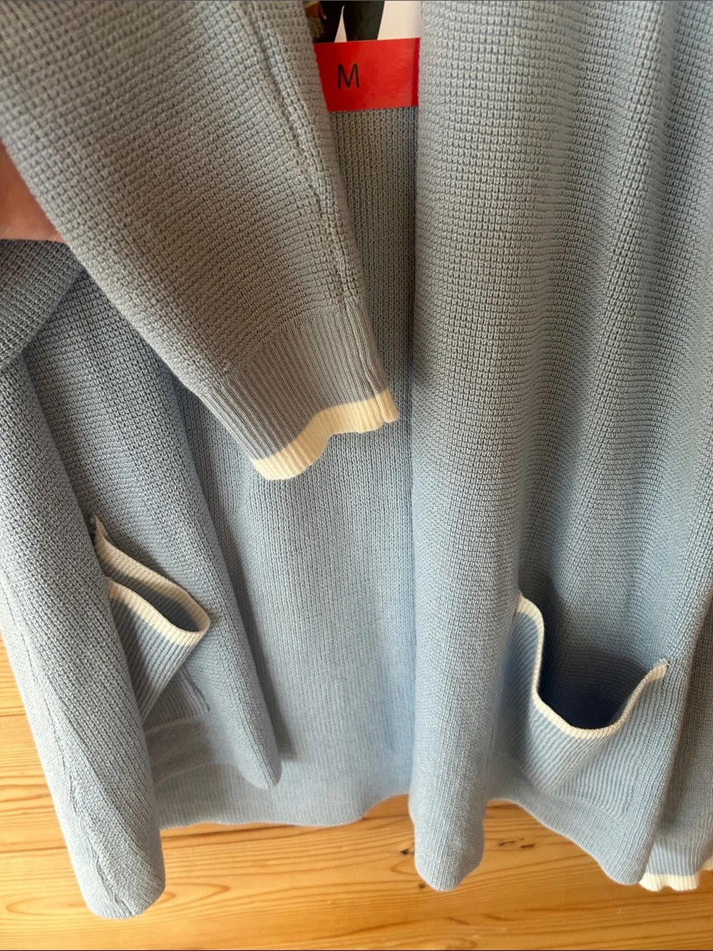 Cyrus Light Blue Open-Front Cardigan with Pocket Trim